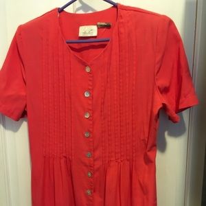 Deep rose’ peachy poly. crepe ankle-length dress.